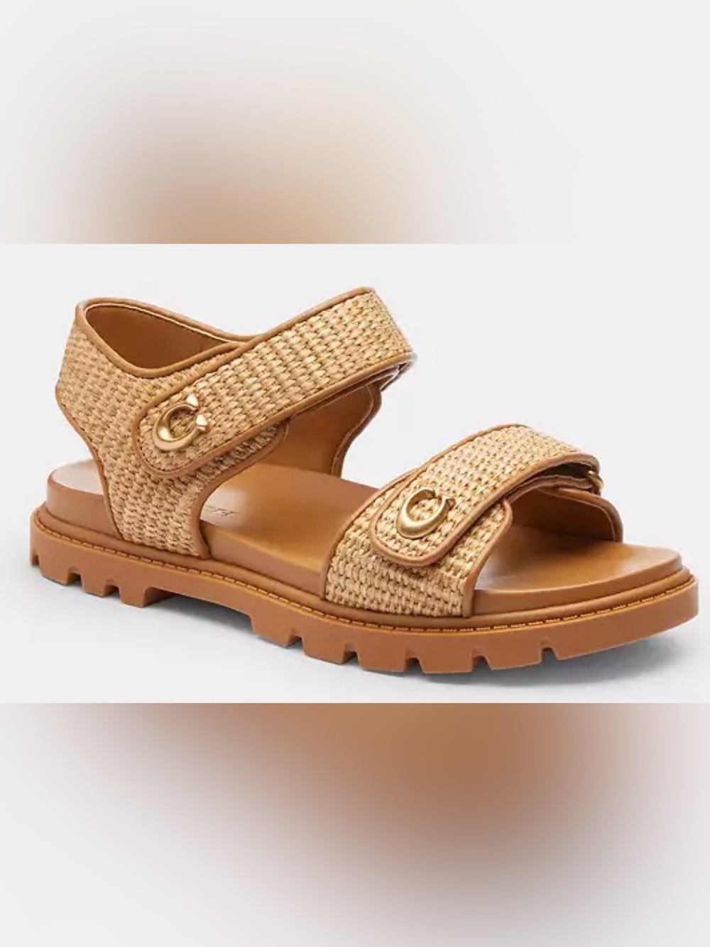 NWT Coach Brynn Raffia Sandals Natural Straw Gold Hardware Velcro Straps Size 5 - Picture 4 of 11